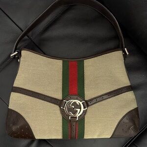 Gucci Beige, Green, Red and Dark Brown Shoulder Bag Jackie O